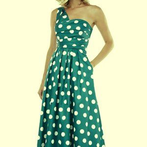 Kay Unger Persian Blue White Victoire One-Shoulder Mikado Cocktail Dress